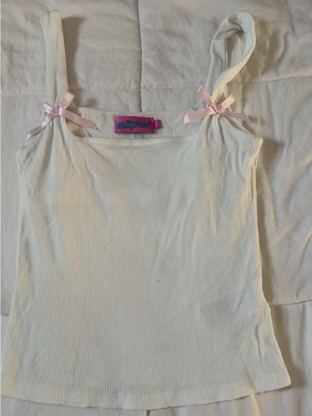 Edikted White Ribbed Camisole with Pink Bow Straps